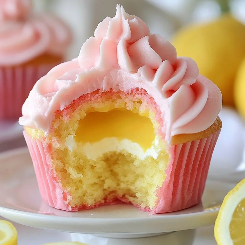 Delicious strawberry lemonade cupcake topped with frosting and lemon slices
