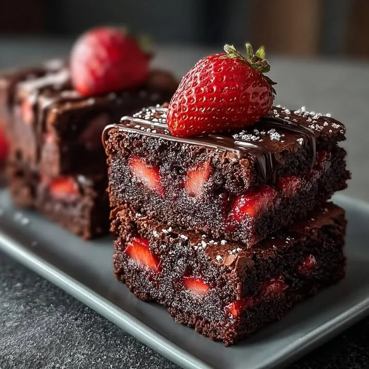 Delicious homemade strawberry swirl brownies with chocolate and strawberry topping.