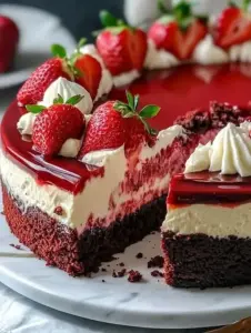 Slice of Strawberry Swirl Red Velvet Cheesecake on a plate with fresh strawberries