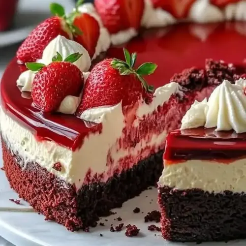Slice of Strawberry Swirl Red Velvet Cheesecake on a plate with fresh strawberries