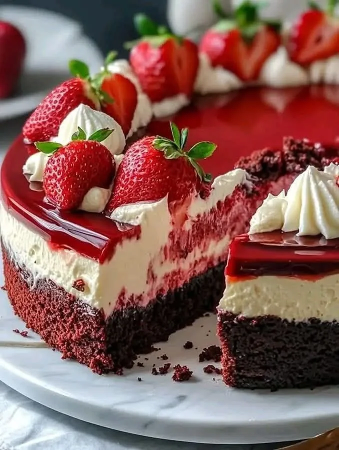 Slice of Strawberry Swirl Red Velvet Cheesecake on a plate with fresh strawberries
