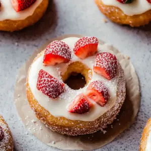 Strawberry Vanilla Bean Cronut Delight drizzled with glaze and topped with fresh strawberries