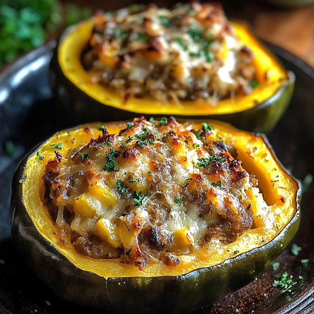 Delicious stuffed acorn squash bake with colorful ingredients.