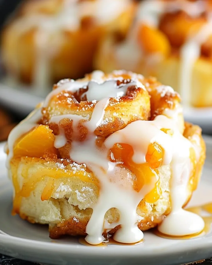 Freshly baked peach cinnamon rolls topped with cinnamon glaze and peach slices.