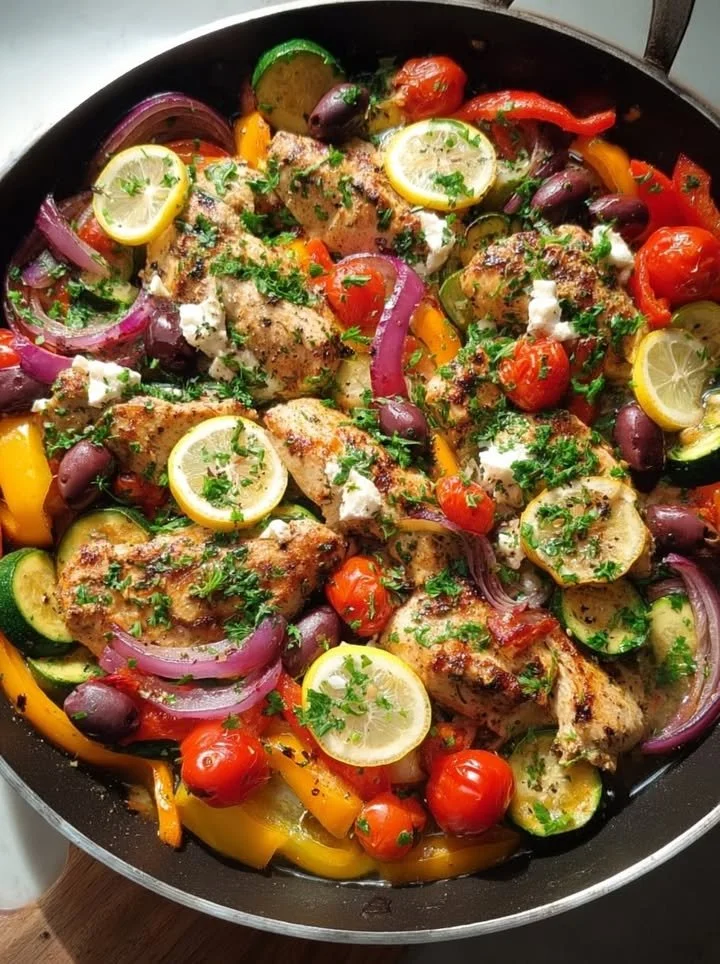 Sun-kissed Mediterranean chicken with lemon, herbs, and vibrant vegetables.