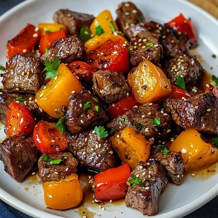 Honey garlic steak bites with sweet peppers on a serving platter
