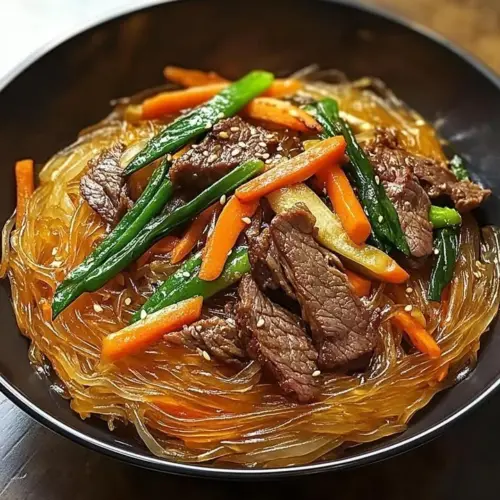 Sweet potato glass noodles dish with beef and fresh vegetables