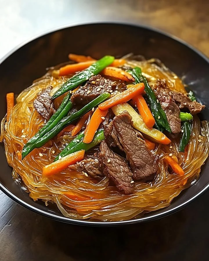Sweet potato glass noodles dish with beef and fresh vegetables
