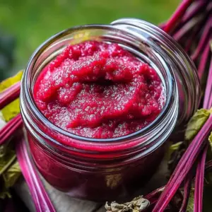 Homemade sweet tangy rhubarb butter in a jar with fresh rhubarb stalks