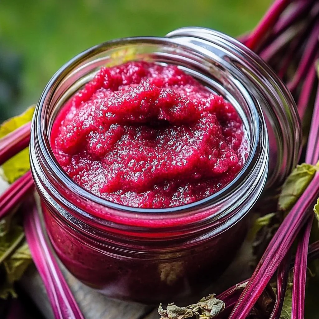 Homemade sweet tangy rhubarb butter in a jar with fresh rhubarb stalks
