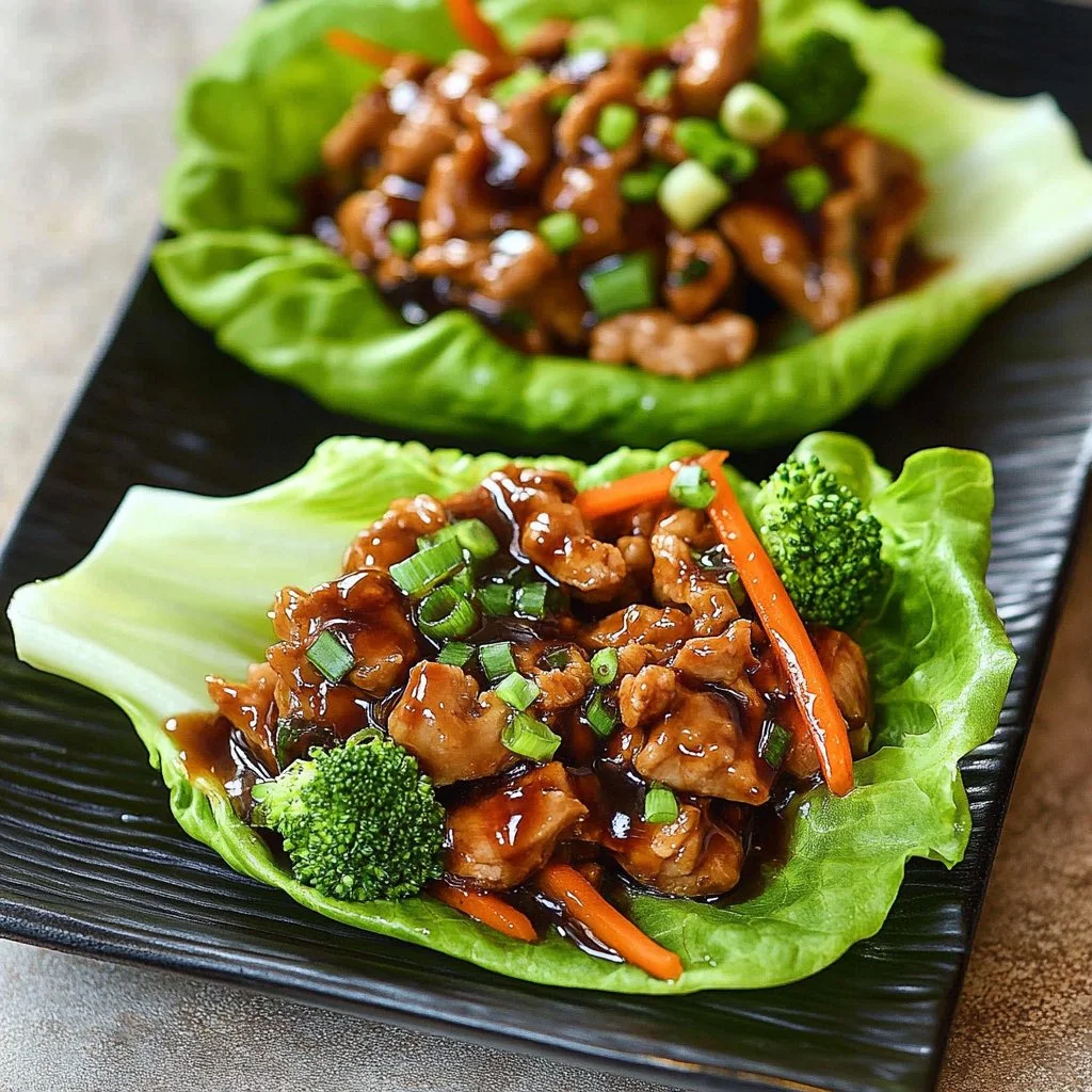 Teriyaki turkey lettuce wraps topped with fresh vegetables and sauce.