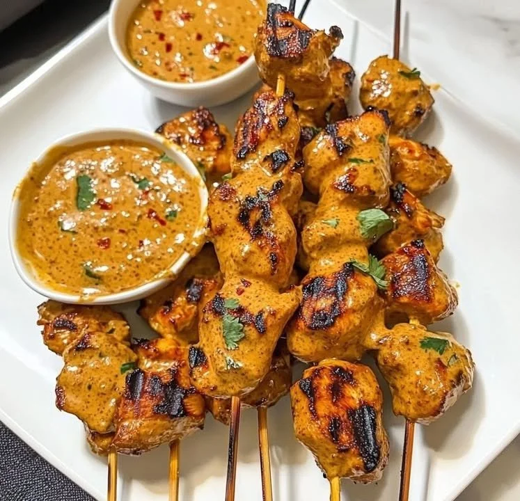 Delicious Thai Curry Chicken Skewers served with a flavorful dipping sauce.