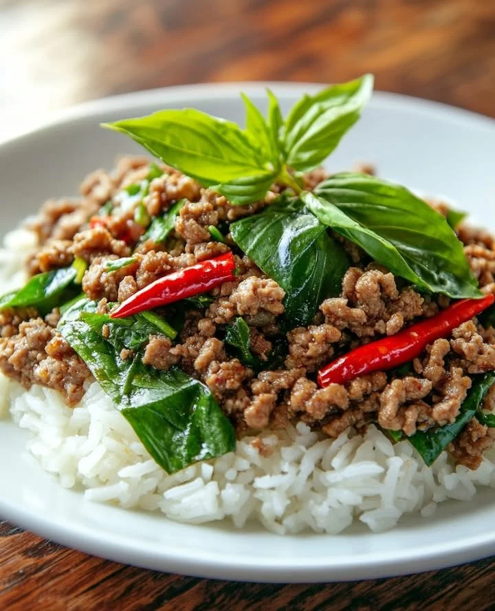 Thai-style ground beef served over rice with vegetables