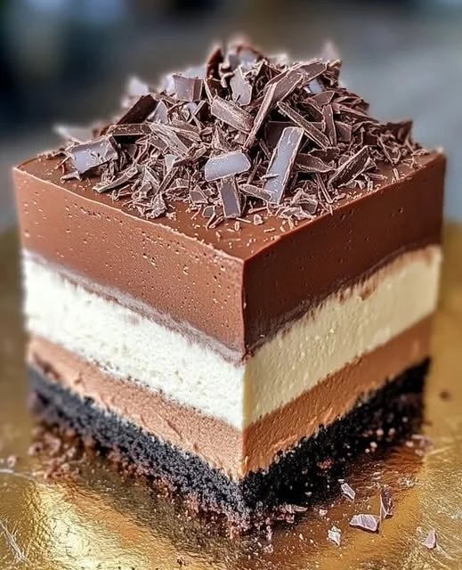 Three-Layer Chocolate Mousse Cake with rich chocolate and whipped cream layers