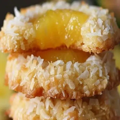 Delicious Thumbprint Coconut Pineapple Cookies with a fruity, tropical filling.