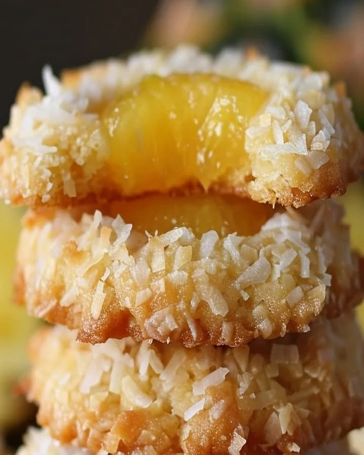 Delicious Thumbprint Coconut Pineapple Cookies with a fruity, tropical filling.