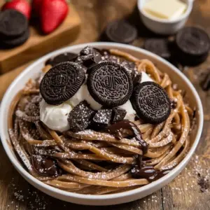 Delicious chocolate pancake spaghetti served, inspired by TikTok's viral trend.