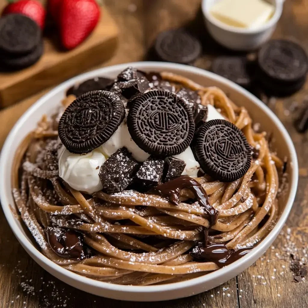 Delicious chocolate pancake spaghetti served, inspired by TikTok's viral trend.