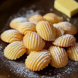 Freshly baked French madeleines on a rustic wooden board