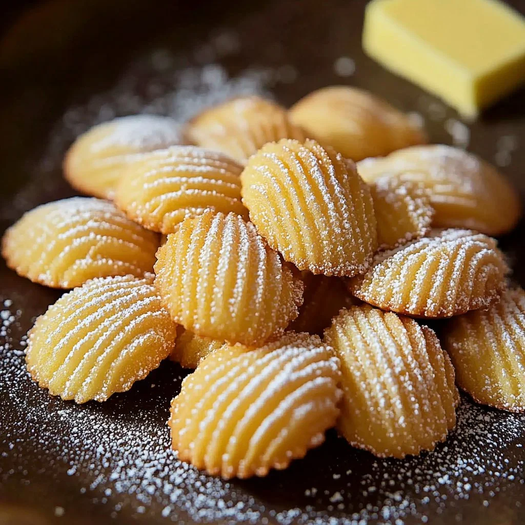 Freshly baked French madeleines on a rustic wooden board
