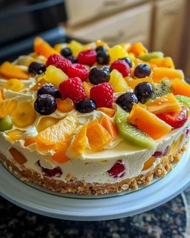 Delicious tropical fruit cheesecake fusion topped with exotic fruits.