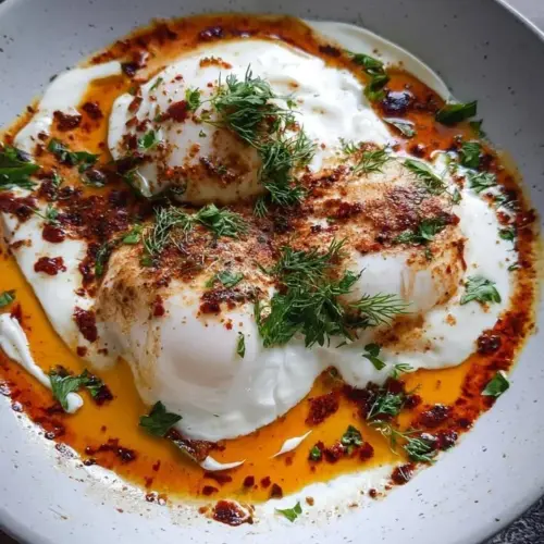 Turkish eggs topped with garlic yogurt, a flavorful breakfast dish
