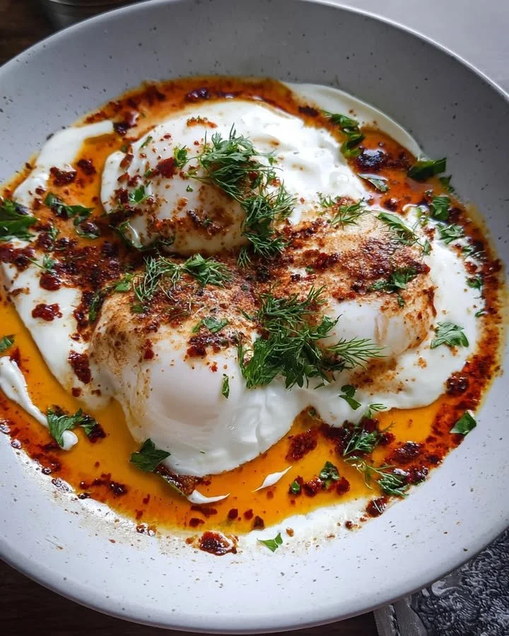Turkish eggs topped with garlic yogurt, a flavorful breakfast dish