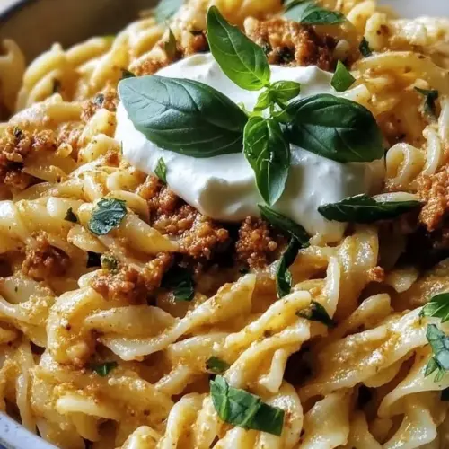 Plate of Turkish yogurt topped with spiced beef pasta garnished with herbs