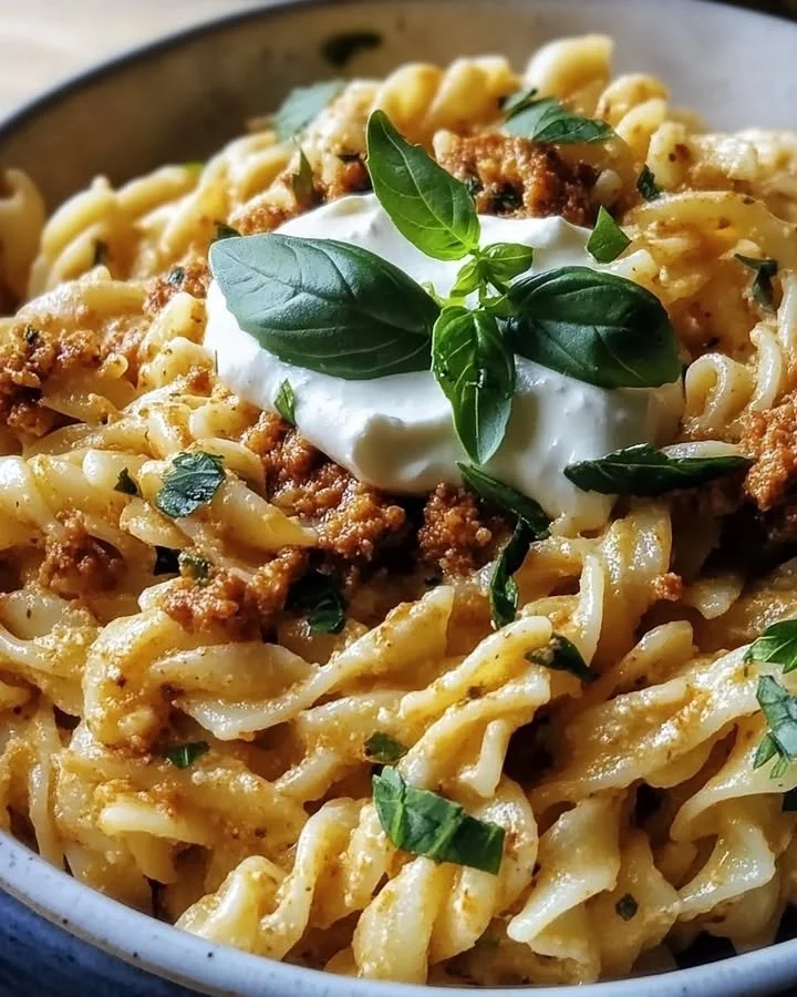Plate of Turkish yogurt topped with spiced beef pasta garnished with herbs