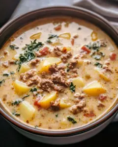 Bowl of Tuscan sausage and potato soup garnished with herbs