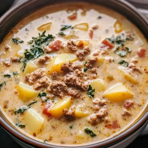 Bowl of Tuscan sausage and potato soup garnished with herbs