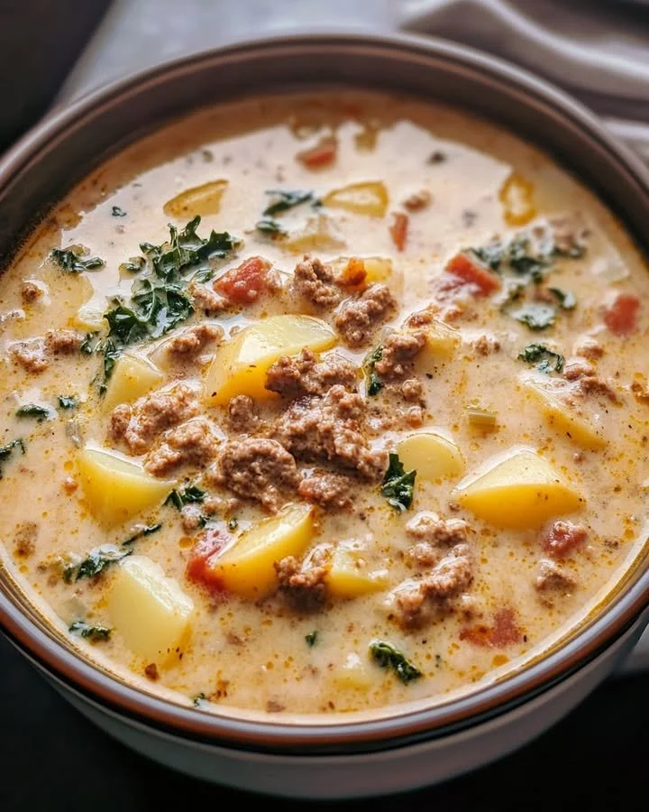 Bowl of Tuscan sausage and potato soup garnished with herbs