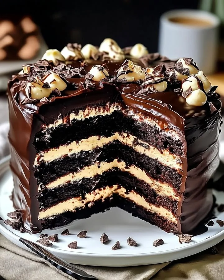 Ultimate chocolate brownie cake with rich frosting and chocolate shavings