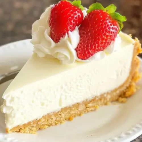 Slice of delicious Vanilla Bean Cheesecake topped with fresh berries and mint