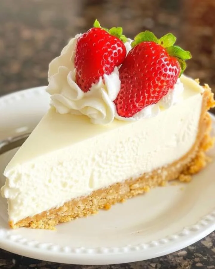 Slice of delicious Vanilla Bean Cheesecake topped with fresh berries and mint