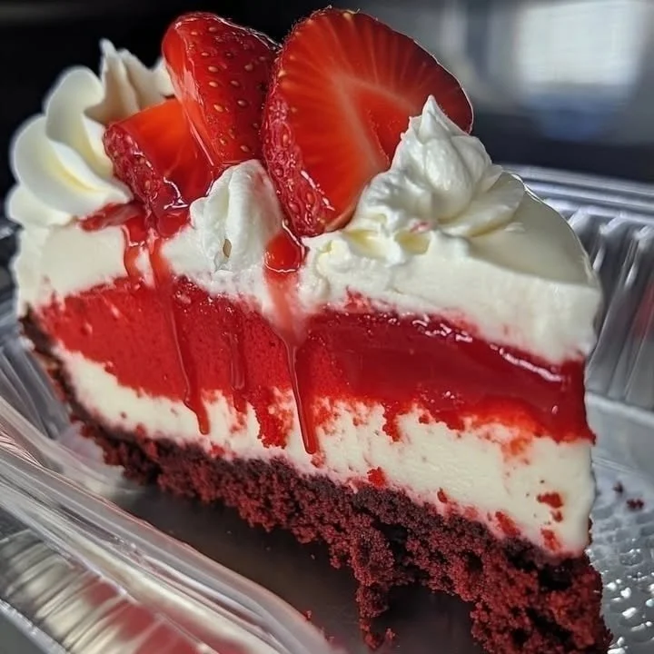 Delicious Velvet Red Cheesecake Delight topped with cream and decorative sprinkles