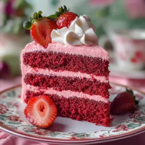 Delicious velvety strawberry cake topped with fresh strawberries and cream
