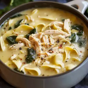 Delicious bowl of velvety white lasagna soup topped with herbs and cheese.
