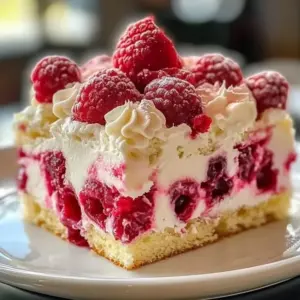Delicious slice of White Chocolate Raspberry Cake with fresh raspberries