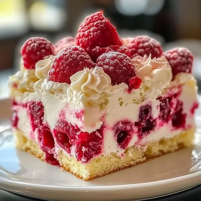 Delicious slice of White Chocolate Raspberry Cake with fresh raspberries