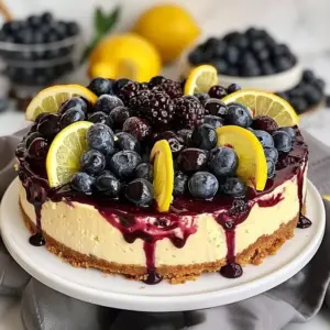 Zesty lemon blueberry cheesecake topped with fresh blueberries and lemon zest.