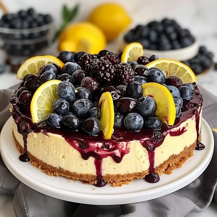 Zesty lemon blueberry cheesecake topped with fresh blueberries and lemon zest.