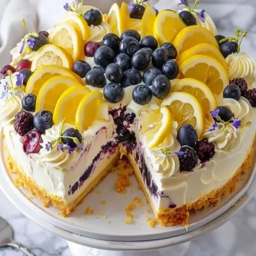 Zesty lemon blueberry cheesecake topped with fresh blueberries