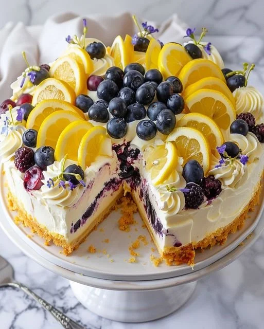 Zesty lemon blueberry cheesecake topped with fresh blueberries