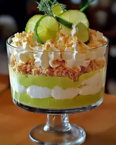 Delicious zesty lime pie trifle served in a glass, showcasing creamy layers and lime zest.