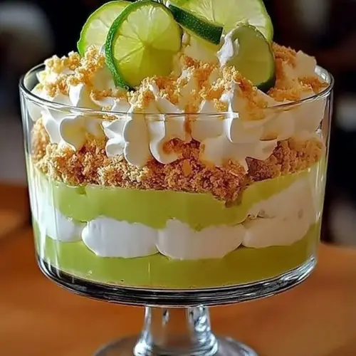Delicious zesty lime pie trifle served in a glass, showcasing creamy layers and lime zest.