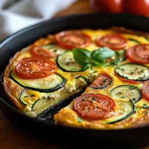 Zucchini Tomato Frittata served on a plate with fresh herbs